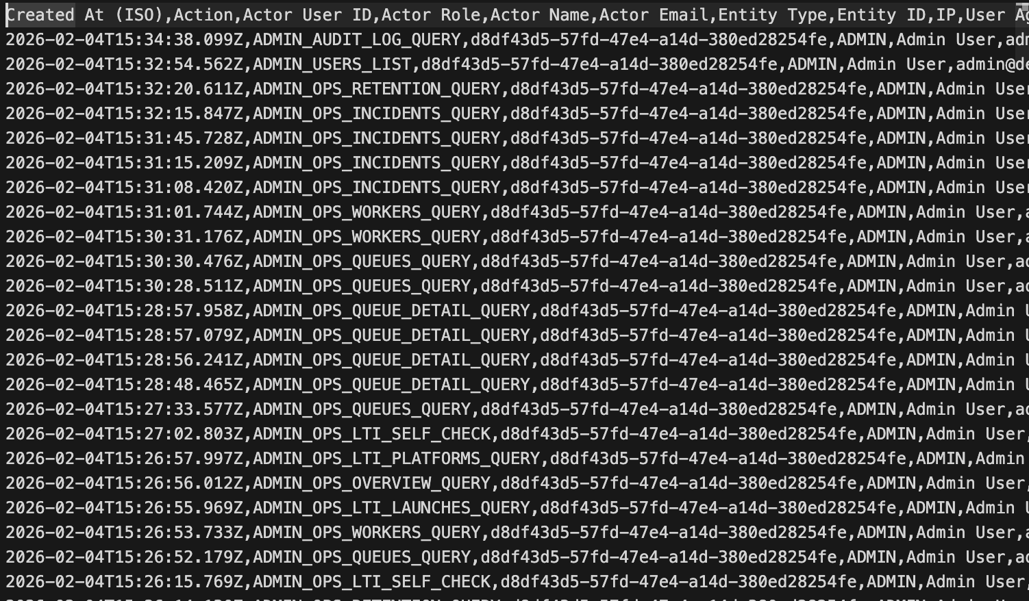 Audit log row expanded showing detailed metadata JSON